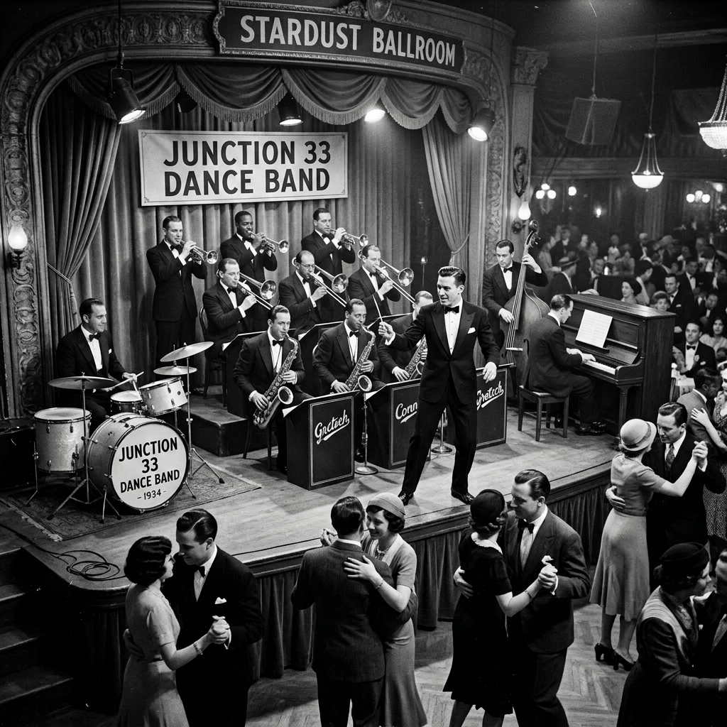 Big band The Rhythm Kings performing on stage at Stardust Ballroom with couples dancing in front